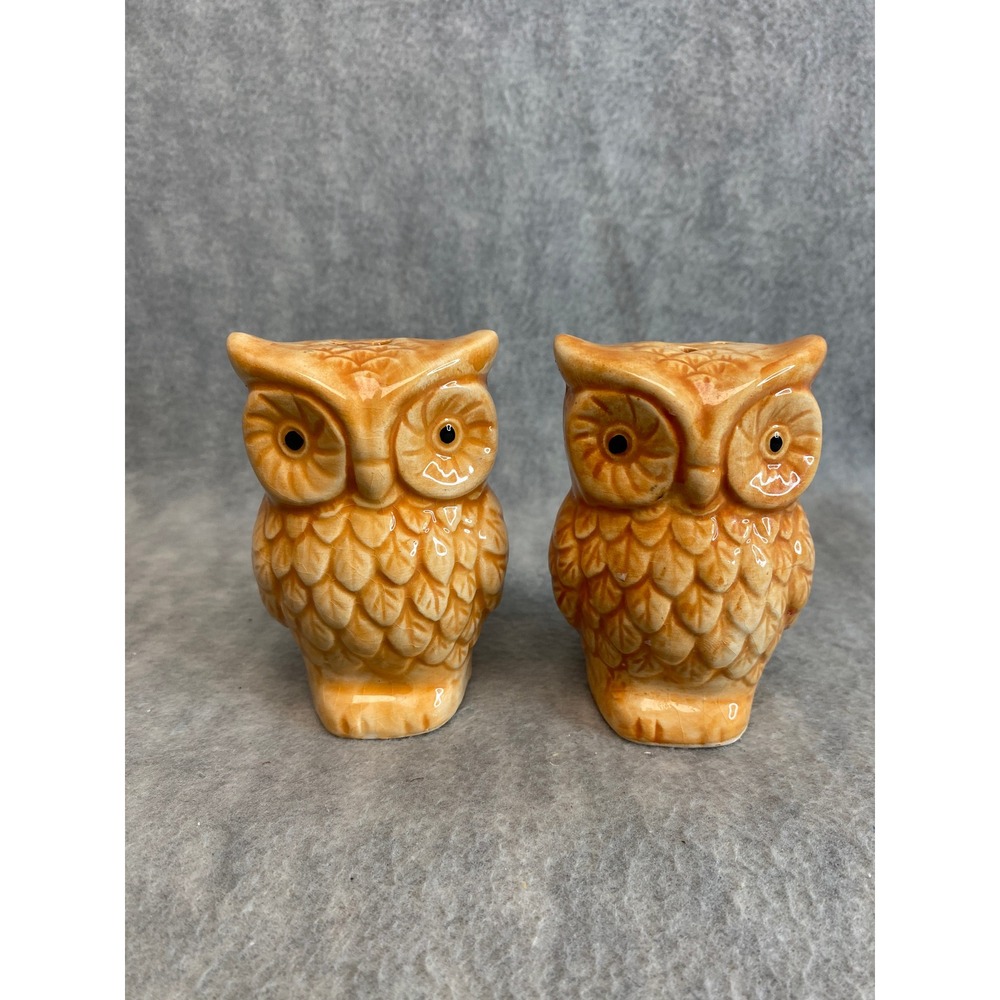 Vintage Ceramic Owl Salt Pepper Shakers Orange Glaze Kitchen Decor‎